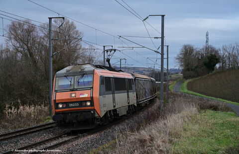 Train 75049 BB 26233 Le train régulier n° 75049 Villeneuve Clermont était assurer par la 26233 orange en décembre 2023